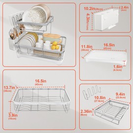 HOMEAILIE Dish Drying Rack for Kitchen Counter, 2-Tier 304 Stainless Steel Dish Rack with Adjustable Drainage Board, Removable Cup Holder, Utensil Holder, White