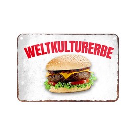 Weltkulturerbe Hamburger - Metal Sign with Cord and Suction Cup - Sign for Connoisseurs and Gourmets - Decoration for Kitchen Burger Shop Food Truck Snack American Diner Burger Restaurant Pub - 18 x