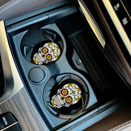 Small 2.56" Absorbent Car Coasters 2 Pack, Auto Coasters for Cup Holders, Ceramic Car Accessories Coasters Absorb Spills to Keep Cupholders Clean (Sugar Skull)