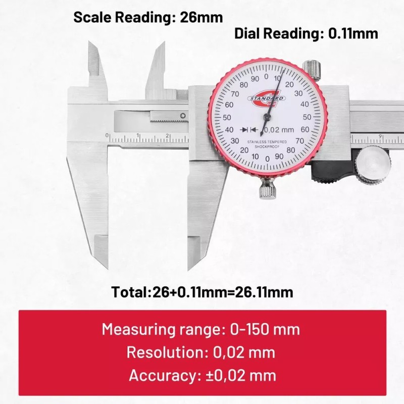 STANDARD GAGE Metric Dial Caliper Measuring Tool 0-150mm Range 4-Way