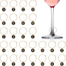 26 Piezas Dijes de Vino para Copas de Tallo con Etiquetas de Anillos Marcadores de Dijes de Copa con Letras de Metal Marcadores de Cuentas de Letras para Cóctel Champán Decoraciones (Negro)
