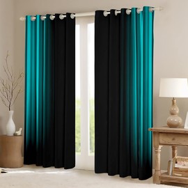 Geometric Abstract Ombre Window Curtains for Bedroom Living Room Kids Teens Teal and Black Striped Curtains Decor Modern Fashion Window Drapes Treatments 42W X 63L,2 Panels