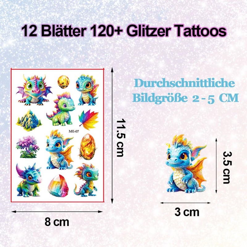 Dinosaur Glitter Tattoo Set, 12 Sheets Dino Temporary Glitter Tattoo,