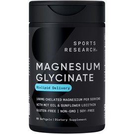 Sports Research® Magnesium Glycinate - Supports Restful Sleep & Enzymatic Processes - 160 mg Chelated Magnesium - Liquid Softgel - 60 Count