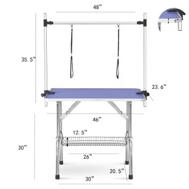 VERYKE 46'' Pet Grooming Table, Arm Adjustable Dog Grooming Station,Portable Trimming Table Drying Table w/Arm/Noose/Mesh Tray Maximum Capacity Up to 250Lb (Blue, 46'')