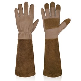 HANDLANDY Long Gardening Gloves for Men Women Pigskin Rose Gloves Breathable and Durable with Thorn Proof Gauntlets (L, Brown)