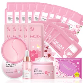 Skincare Set Skin Care for Teenage Girls Gift Set, Cherry Blossom Skincare Sets Teen Skincare Set, Pamper Sets for Women Gifts, Cleanser,Toner,Serum,Cream,Sleep Mask,Eye Mask,Mud Mask,Lip Mask(24PCS)