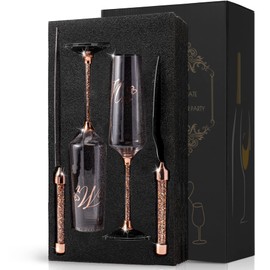 VARLKA - Juego de cuchillos y servidores para tartas de boda, copas de champaña grabadas para regalos de boda, copas de boda para novios tostados (oro rosa)
