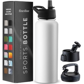 FineDine Triple Walled, Insulated Water Bottles with Straw - 40 Oz Stainless Steel Metal Bottle W/ 3 Leak Proof Lids - For Travel, School, Sports, Gym/Men, Women & Kids - Pure Pearly White