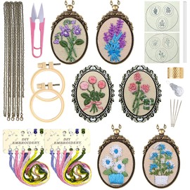 ZOCONE 6 Packs Embroidery Necklace Kit, Embroidery Pendant Kit Mini Cross Stitch Kit with Hoop, Necklace, Pendant, Brooch, Stamped Pattern Cloth, Instructions, etc., Embroidery Kit for Adults