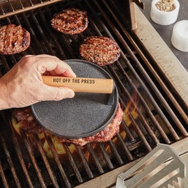 Santa Barbara Design Studio Meat Press Cast Iron Burger Press with Wood Handle, 7" Diameter, Hot off the Press