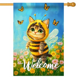 Morigins Welcome Happy Bee Cat Garden Flag Double Sided Sunshine Sunflower Funny Spring Farmhouse Yard Flag Outdoor Outside Decoration House Flag 28×40 inch
