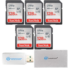 SanDisk 128GB Ultra - 5 Pack UHS-I Class 10 SD Flash Memory Card Retail (SDSDUNB-128G-GN6IN) Bundle with Everything But Stromboli Multi Slot Card Reader & Micro Fiber Cloth