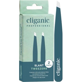 Cliganic Professional Eyebrow Tweezers Slant Tip - Precision for Men & Women, Stainless Steel Best for Plucking Chin Facial Hair (Blue, 2 Pack)