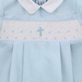 Carriage Boutique Boys Baptism and Christening Hand Smocked Cross Romper - Blue