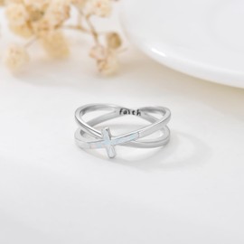 QHQPQ Opal Cross Ring for Women 925 Sterling Silver Religious Cross Rings Purity Christian Jewellery Faith Easter Gifts for Daughter 9 Size