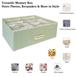 Sprsthai Linen Photo Storage Box, Large Capacity Organizer Box, Storage Holds 1700 Picture, with 24 Adjustable Dividers, 72 Labels, Fabric Picture Box for Photos, Envelopes, Recipes Green