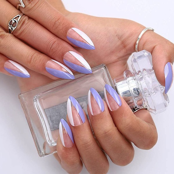24PCS Glossy Blue Stiletto False Nail Oval Press on Nails Full Cover Artificial Nails Art for Women and Daily Decoration
