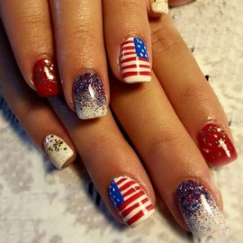 Short Press on Nails Independence Square Fake Nails Glitter Full Cover Acrylic Nails Short Glue on Nails Glossy Red Blue False Nails with Stripe Sequins Designs Artificial French Nails for Women