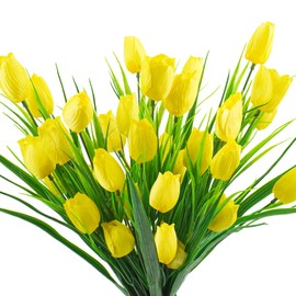 Ruidazon 6 Bundles Tulips Artificial Flowers,30 Heads Outdoor Artificial Tulip Faux Plastic Greenery Shrubs Plants UV Resistant for Easter Home Outside Garden Porch Window Decor (Yellow)