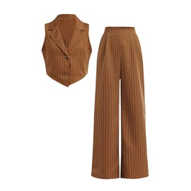 Floerns Girl's 2 Piece Outfits Elegant Striped Sleeveless Suit Vest & Long Elastic Casual Pants Set Coffee Brown 9Y