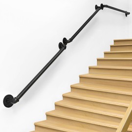 Industrial Pipe Stair Handrail Indoor 3 Pack 3.2 FT Pipe Stair Hand Railing Wall Mounted Handrails for Indoor Stairs Hand Rails for Outdoor Steps Handrail Grab Bar Bracket, Black