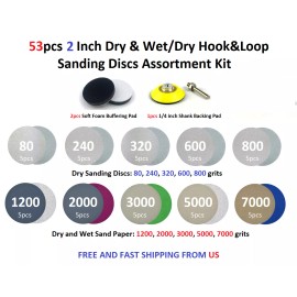 e-Rookie 53pcs 2 Inch Dry & Wet/Dry Hook&Loop Sanding Discs Assortment Kit