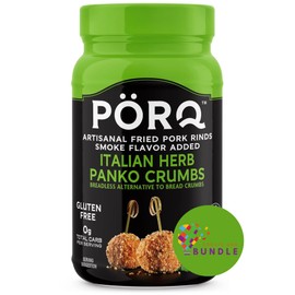 PORQ Italian Herb Pork Rind Panko Crumbs, Gluten Free, 10.5 oz Canister, 21 Servings + CreateAndBundle Sticker