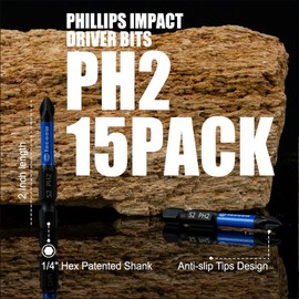 Facoow 15 Pack Phillips Impact Driver Bits, #2 Phillips Head Magnetic Screwdriver Bits Set, 2 Inch S2 Alloy Steel Impact Bits, 1/4" Hex Shank Screwdriver Drill Bit, CNC Machined ph2 Impact Drill Bits
