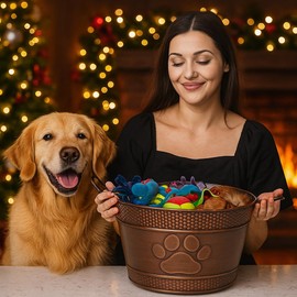 BREKX Metal Indestructible Dog Toy Bin - Storage Bin with Handles, Farmhouse Organizer Storage Basket for Pet Toys, Blankets, Leashes - Home Decor (Lead-Free Copper)