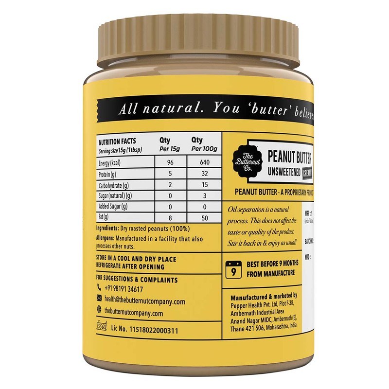 The Butternut Co. Unsweetened Peanut Butter - Creamy, 1 Kg