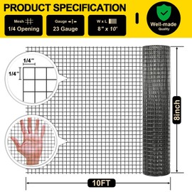 Black Hardware Cloth 8'' x 10' PVC Steel Vinyl Coated 1/4 inch Galvanized Wire Mesh Roll (23 GA) Chicken Wire Fence Roll, for coop Fences,Screen mesh, Rabbit/Snake Fences, Poultry enclosures, etc.