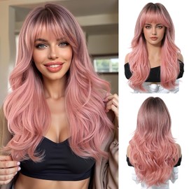 OUFEI Long Ombre Pink Wig With Curtain Bangs Natural Wavy Wigs for Women Natural Synthetic Hair Heat Resistant Wigs for Daily Party Cosplay Wear