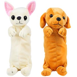Poluka 2Pcs Dog Shape Pencil Pen Bags 3D Plush Pencil Case Cute Puppy Soft Stuffed Pencil Box Multi-Function Storage Zipper Bags for School Students Kids Stationery Bags Girls Cosmetic Organizer