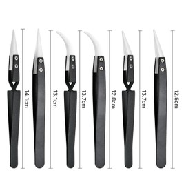 Aemygo 6 Pcs Precision Reverse Ceramic Tweezers Set, Non-Conductive Heat-resistant Electronics Soldering Tweezers Anti-Magnetic Pointed & Curved Tips Tweezers for Solder, Pinching Coils (Black)