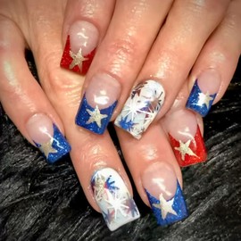 4th of July Press on Nails Medium Square Fake Nails Red Blue French Tip Glue on Nails with Glitter Gold Star Design White False Nails Independence Nails Press ons Nude Stick on Nails for Women 24Pcs