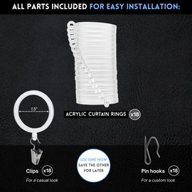 BlastHome® Luxury Curtain Rings – Premium Acrylic – Pinhooks and Clips Included – 1 1/2" Inside Diameter – Signature Collection, 18 Rings for Two Standard Curtains – Clear Acrylic