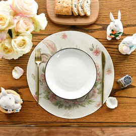 Artoid Mode Bunny Rabbit Flower Easter Placemats Set of 4, 15 Inch Spring Holiday Round Table Mats for Dining Decoration