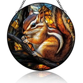 Wildlife Stained Glass Window Hanging, Squirrel Chipmunk Suncatcher Diamond Glass Panel Hangings Scenery Sun Catchers Decor for Birthday for Women, Men, Wife, Aunt, and Mom 6.3in (2)