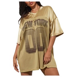 SHENHE Women's Oversized Y2k Football Jersey Satin Mesh Number Shirt Hip Hop Streetwear Tee Gold Medium