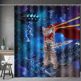 Aimego Funny Cat Shower Curtains for Bathroom - Cool Cute Cat on Fantasy Outer Space Galaxy Universe UFO Fun Shower Curtain Set with 12 Hooks for Adults Kids Bathroom Decor Accessories, 72"x72"