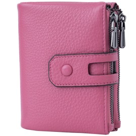 Bveyzi Small Soft Leather Wallet for Women RFID Blocking Ladies Card Holder with Double Zipper Pocket (Dark Pink)