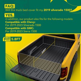 YHTAUTO Soft Roll Up 5.8 Ft (69.9") Truck Bed Tonneau Cover Fits 2019-2024 Chevy Silverado 1500 & GMC Sierra 1500(Not for CarbonPro Bed), w/Auto Locking Function Truck Bed Cover All Weather Waterproof