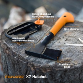Fiskars X7 Small Hatchet Axe with Sheath for Chopping Wood Kindling for Campfires while Outdoors & Camping, Insert-Molded Forged Steel Head, Low-Friction Blade, Shock Absorbing Handle & Non-Slip Grip
