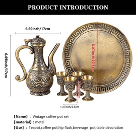Vintage Turkish Coffee Pot and Cups Set,Teapot Tea Service Set Including 4 Metal Cups and Tea Tray for Tea Table Decor,Wedding Ornament (Bronze)