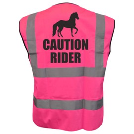 Equestrian CAUTION RIDER Hi Viz Vis Vest Horse Riding Reflective Waistcoat Jacket Road Safety Visibility Pink Small
