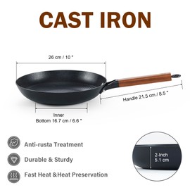 DM Cast Iron Skillet, 10 Inch Nonstick Frying Pan with Detachable Acacia Wooden Handle, Honeycomb Non stick Omelet Egg Pan, Easy Clean Oven Safe Pans for Cooking