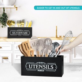 Kitchen Utensil and Silverware Holder Set - Extra Large Wooden Countertop Organizer for Cooking Utensils, Cutlery and Flatware, Farmhouse Kitchen Decor, Silverware Caddy for party (Black, Large)