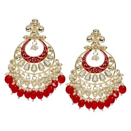 Bindhani Women's Indian Chandbali Meenakari Earrings (Gold-Plated, Kundan Stone, Faux Pearl, Red Drops)