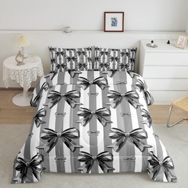Feelyou Kids Black Bowknot Comforter Set,Cute Bow Girly Bedding Set Twin Size,Girls Bedroom Room Decor,Dreamy Princess Comforter,Kawaii Geometric Bow-tie Bed Set for All Season